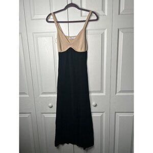 Zara Black Cream Contrast Knit V-Neck Side Slit Midi Dress Women's Size Small S